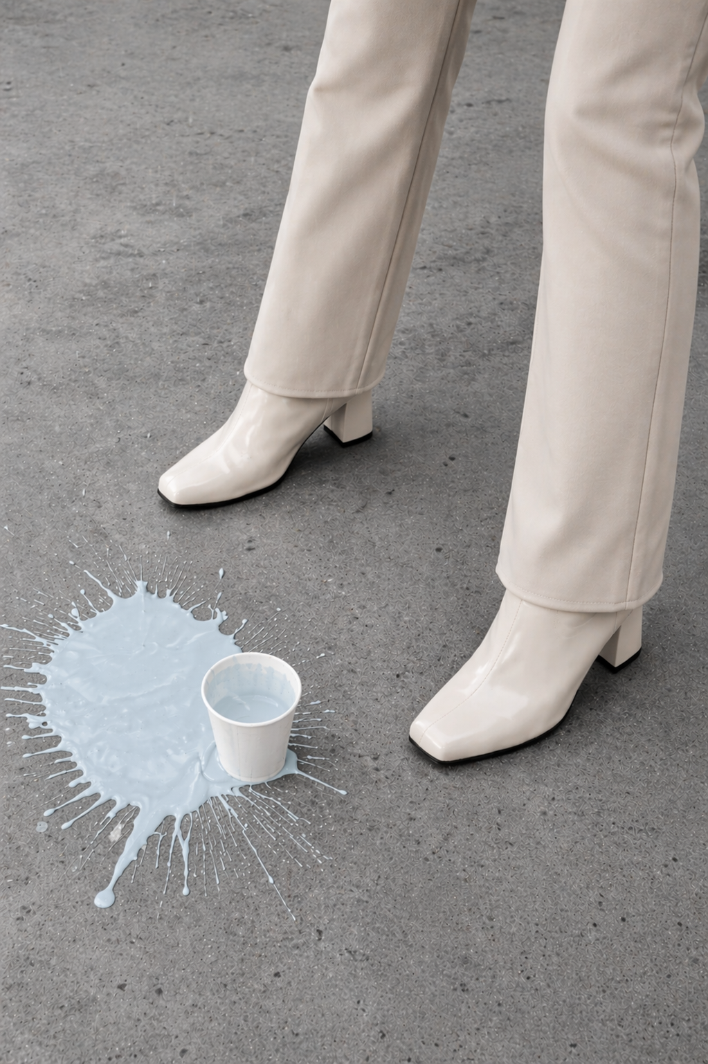 Spilled drink next to cream-colored boots